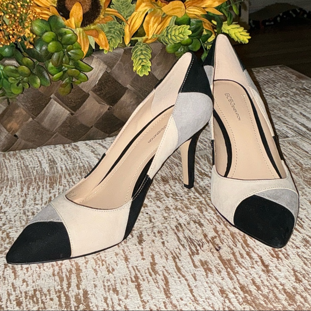 BCBGeneration Three-Tone Black  Gray and Cream Heels - 3” heels.